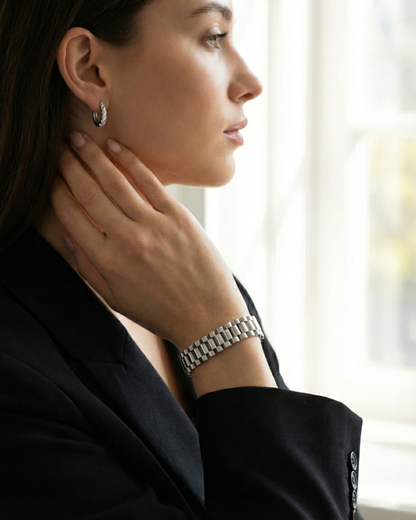 Maestra Regalia silver-tone stainless steel watchlink bracelet, anti-tarnish waterproof lifestyle jewelry.