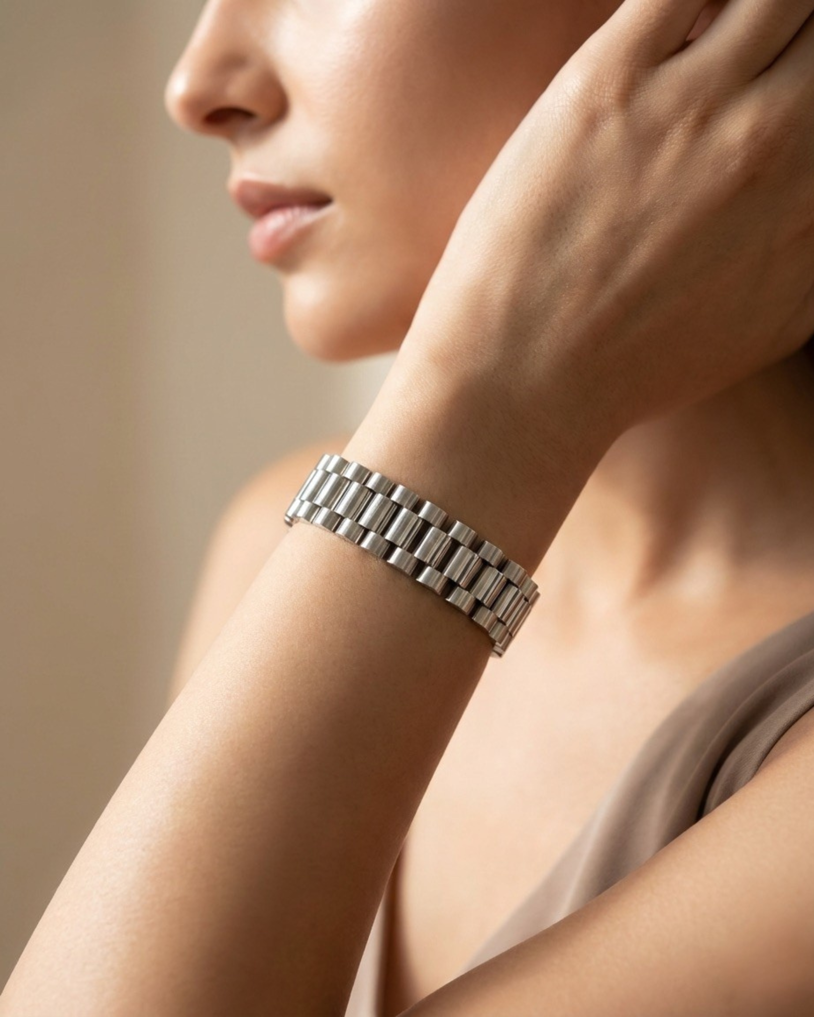 Maestra Regalia silver-tone stainless steel watchlink bracelet, anti-tarnish waterproof lifestyle jewelry.