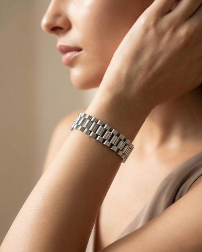 Maestra Regalia silver-tone stainless steel watchlink bracelet, anti-tarnish waterproof lifestyle jewelry.