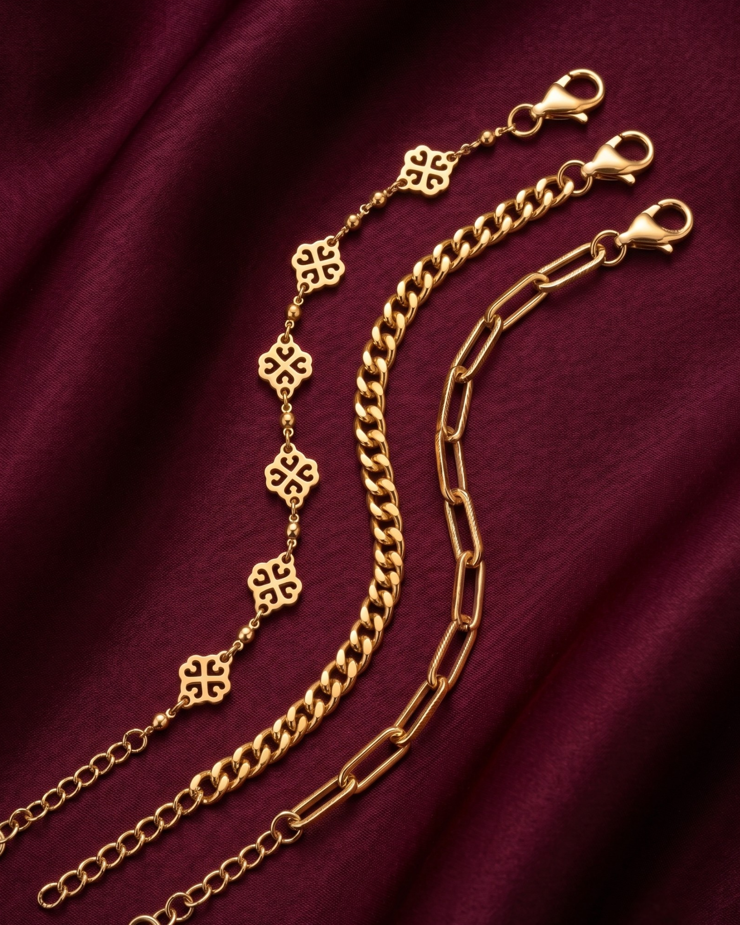 Gold plated chain bracelet stack for women. 3 piece layered link bracelets India. Lightweight office wear jewelry for working women. Paperclip and curb chain bracelet set alloy. Floral mandala motif jewelry for Indian festivals. Diwali and Rakhi jewelry gifts for wives and friends.