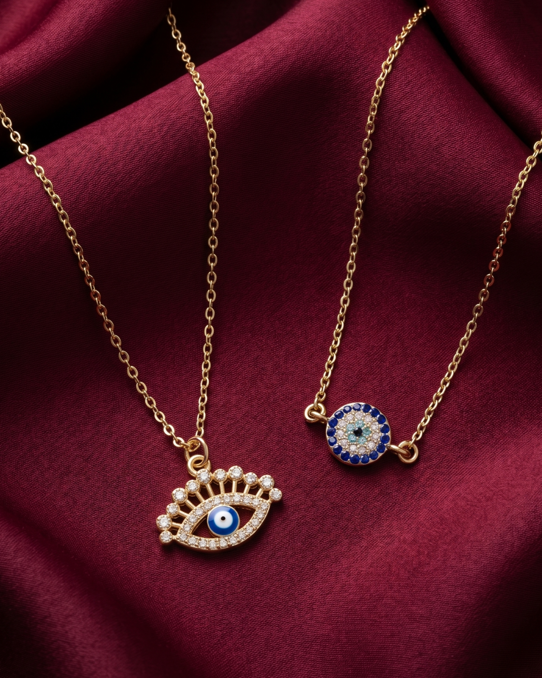 Gold plated evil eye lash necklace set for women. 2 piece layered protective pendant jewelry India. Lightweight office wear necklaces for working women. Crystal studded eye lash and circular charm necklace alloy. Diwali, Navratri, and Rakhi jewelry gifts for wives. Gold tone festive neck accessories for girls, women, and friends