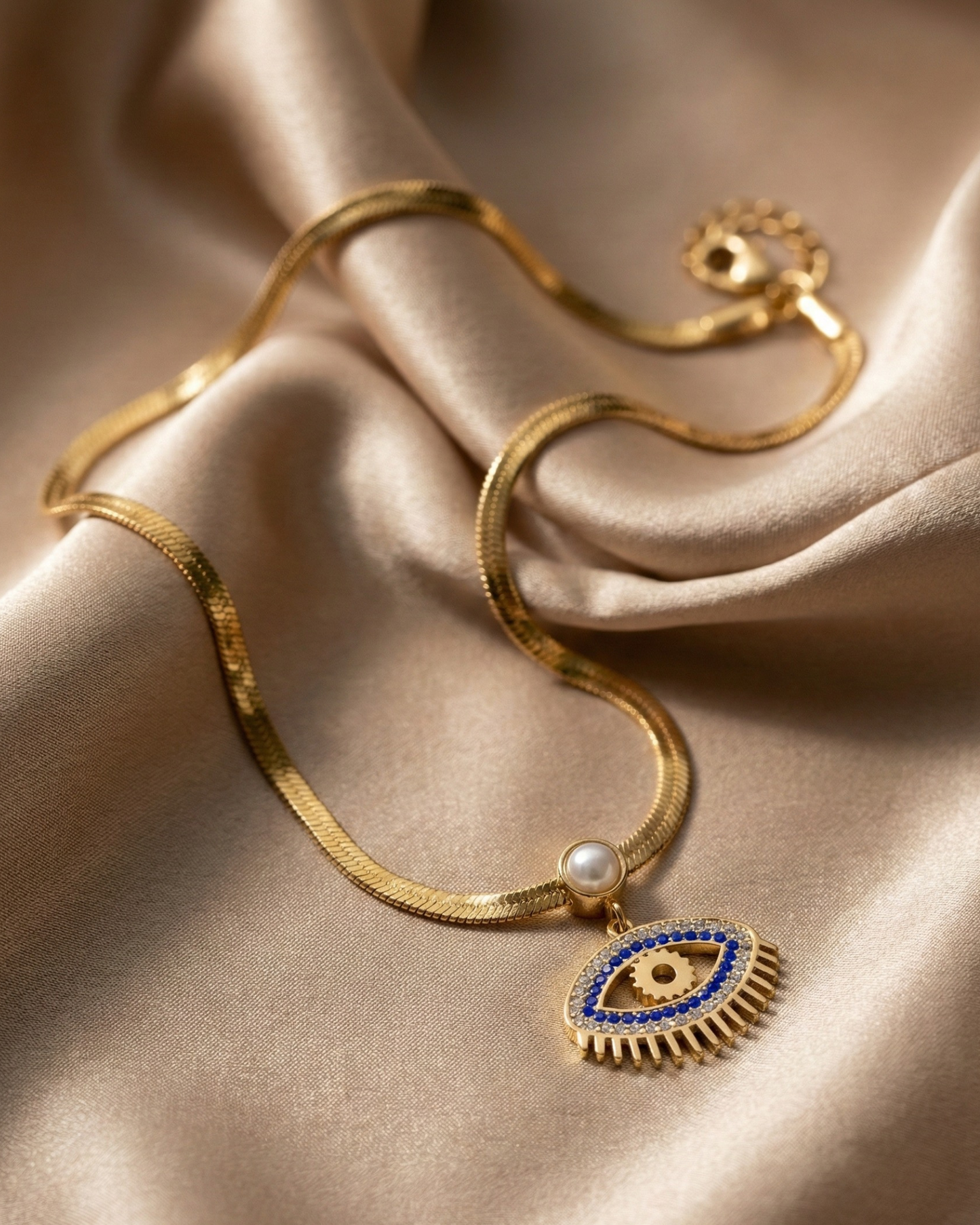Maestra Selene demi-fine 18k gold-plated evil eye protection necklace for women, waterproof and hypoallergenic daily wear.