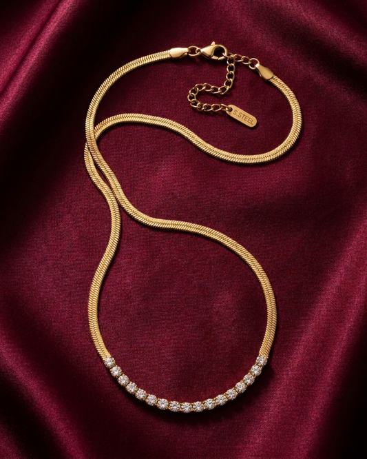 Maestra Stella 18k gold-plated snake necklace with American Diamond, bold snake-chain waterproof jewelry.
