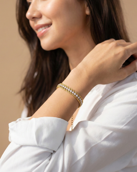 Maestra Trina 18k gold-plated rope tennis bracelet for women, waterproof and anti-tarnish demi-fine jewelry.