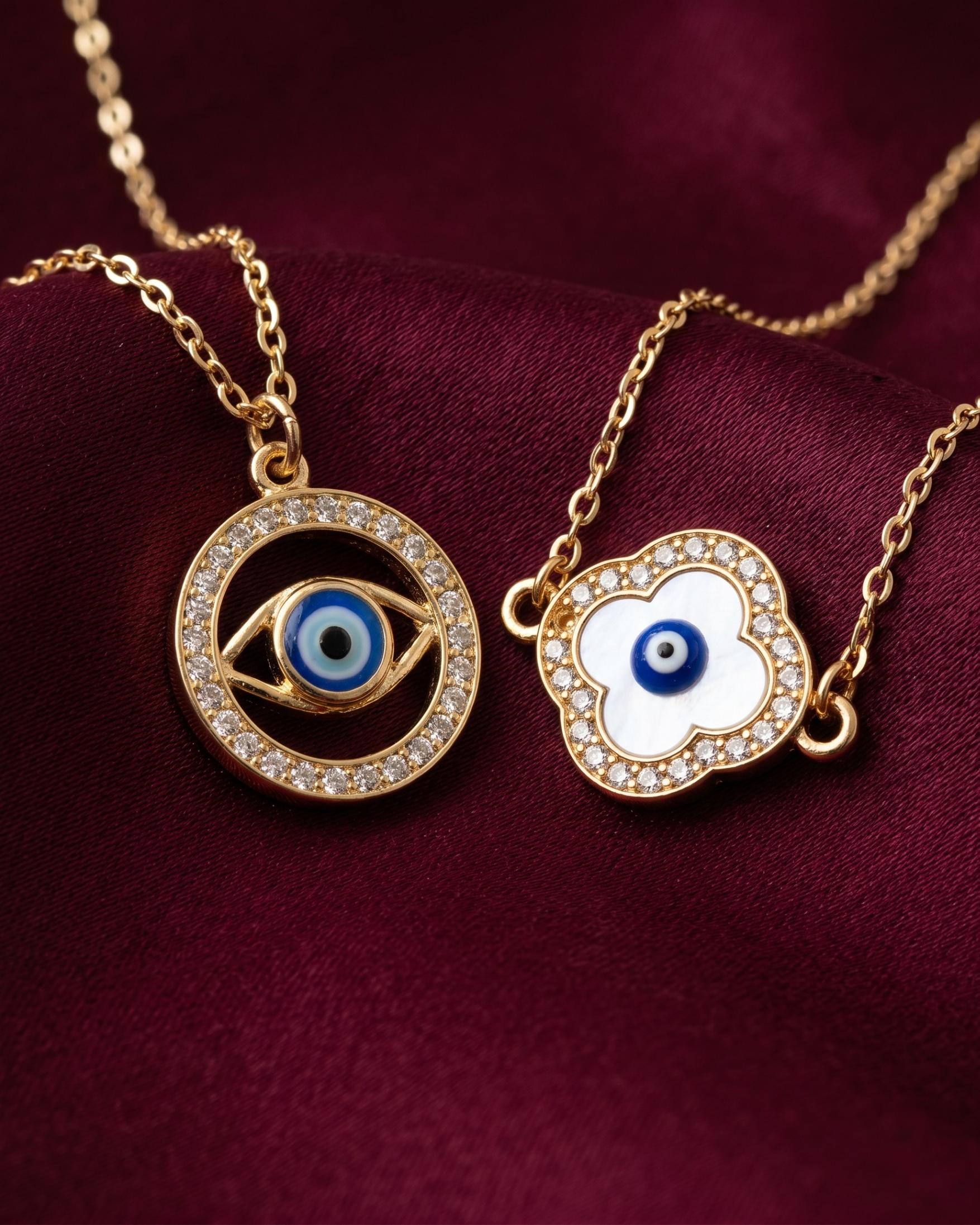 Gold plated evil eye and clover necklace set for women. 2 piece layered protective pendant jewelry India. Lightweight office wear necklaces for working women. Crystal studded evil eye ring and clover charm necklace alloy. Diwali, Navratri, and Rakhi jewelry gifts for wives. Gold tone festive neck accessories for girls, women, and friends.
