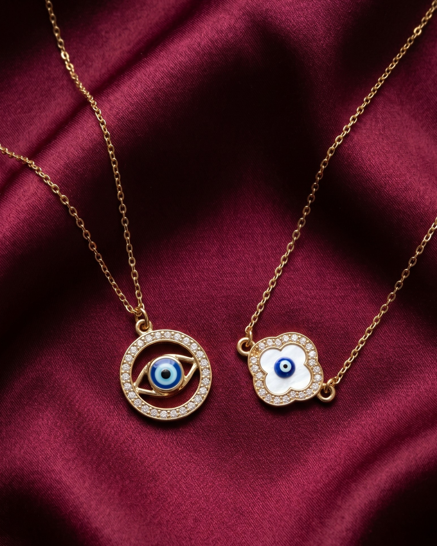 Gold plated evil eye and clover necklace set for women. 2 piece layered protective pendant jewelry India. Lightweight office wear necklaces for working women. Crystal studded evil eye ring and clover charm necklace alloy. Diwali, Navratri, and Rakhi jewelry gifts for wives. Gold tone festive neck accessories for girls, women, and friends.