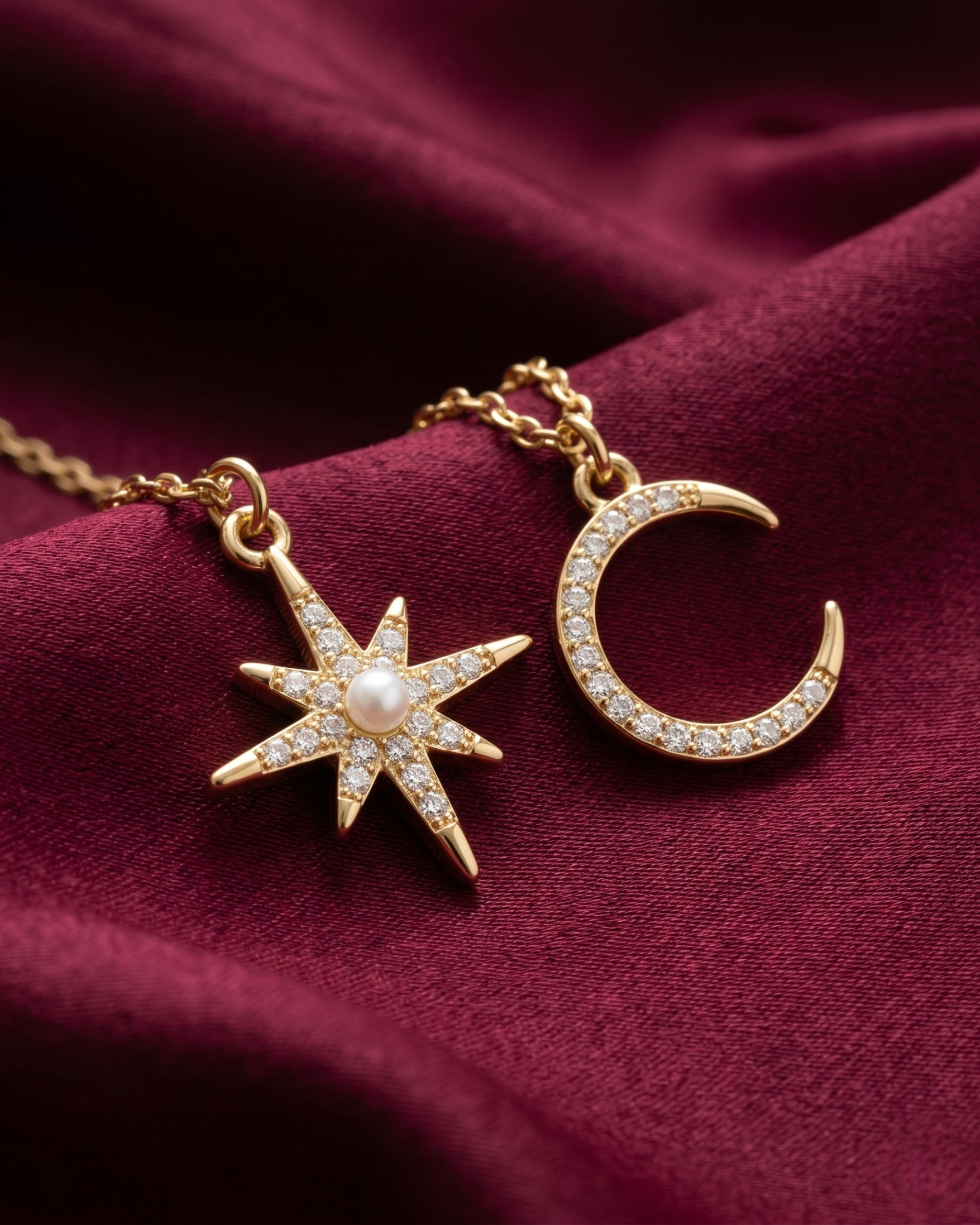 Gold plated star and moon necklace set for women. 2 piece layered celestial pendant jewelry India. Lightweight office wear necklaces for working women. Crystal studded starburst and crescent moon necklace alloy. Diwali, Navratri, and Rakhi jewelry gifts for wives. Gold tone festive neck accessories for girls, women, and friends