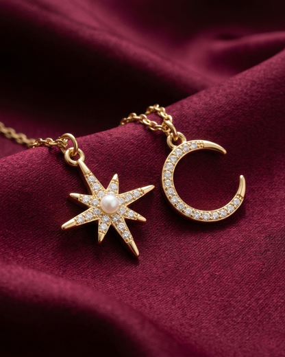 Gold plated star and moon necklace set for women. 2 piece layered celestial pendant jewelry India. Lightweight office wear necklaces for working women. Crystal studded starburst and crescent moon necklace alloy. Diwali, Navratri, and Rakhi jewelry gifts for wives. Gold tone festive neck accessories for girls, women, and friends