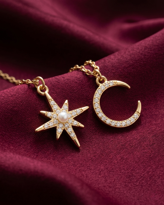 Gold plated star and moon necklace set for women. 2 piece layered celestial pendant jewelry India. Lightweight office wear necklaces for working women. Crystal studded starburst and crescent moon necklace alloy. Diwali, Navratri, and Rakhi jewelry gifts for wives. Gold tone festive neck accessories for girls, women, and friends