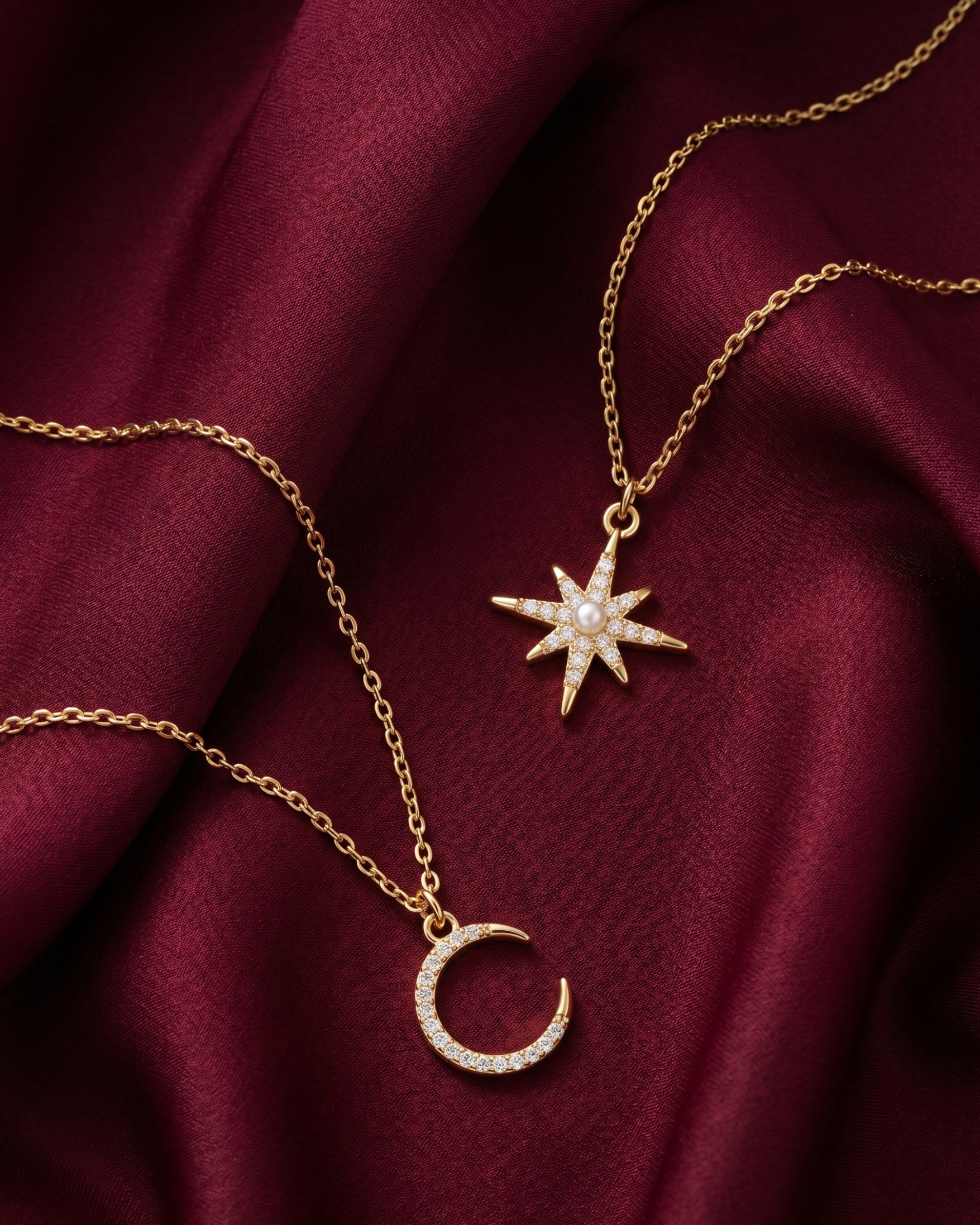Gold plated star and moon necklace set for women. 2 piece layered celestial pendant jewelry India. Lightweight office wear necklaces for working women. Crystal studded starburst and crescent moon necklace alloy. Diwali, Navratri, and Rakhi jewelry gifts for wives. Gold tone festive neck accessories for girls, women, and friends