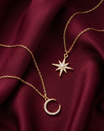 Gold plated star and moon necklace set for women. 2 piece layered celestial pendant jewelry India. Lightweight office wear necklaces for working women. Crystal studded starburst and crescent moon necklace alloy. Diwali, Navratri, and Rakhi jewelry gifts for wives. Gold tone festive neck accessories for girls, women, and friends