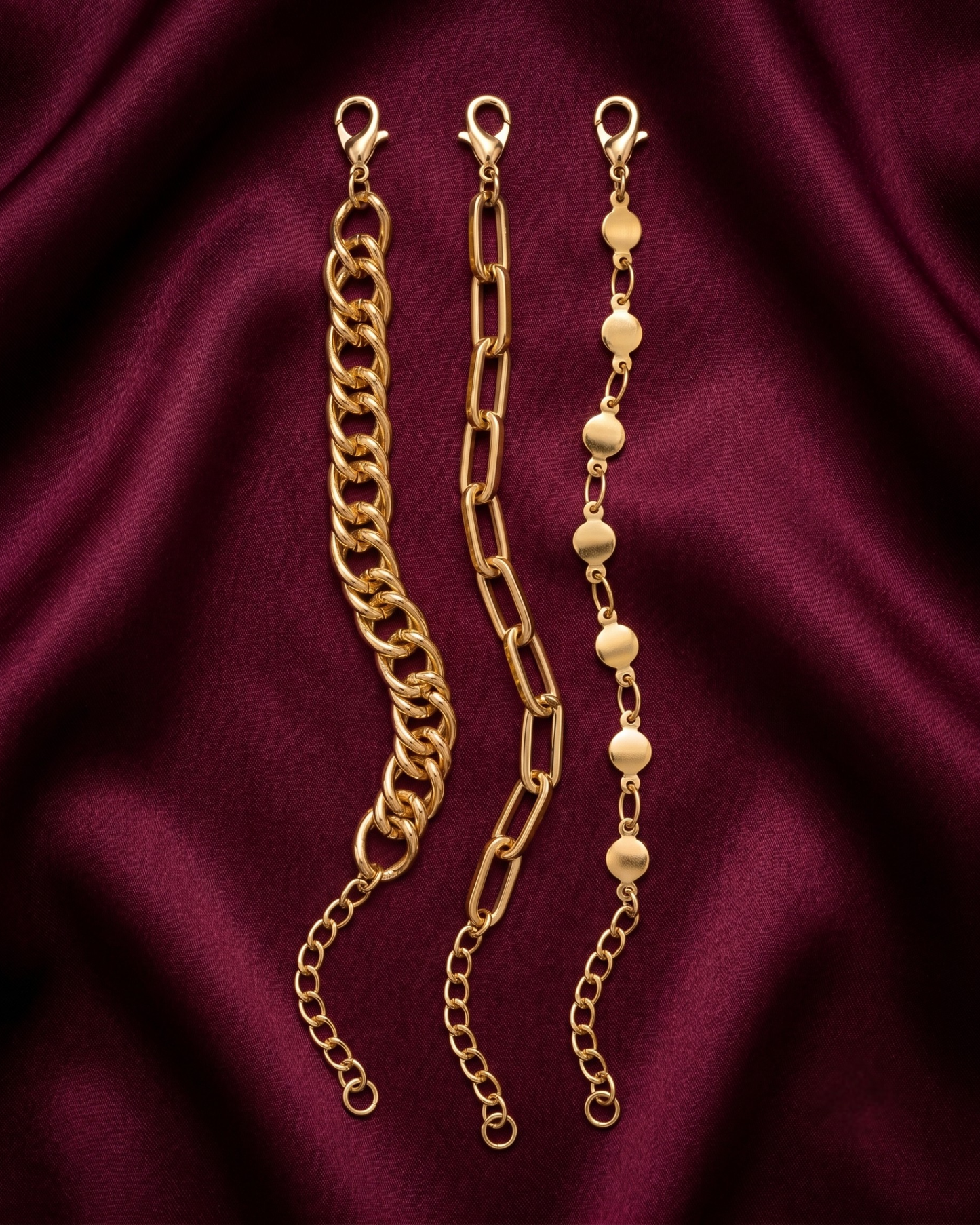 Gold plated chain bracelet stack for women. 3 piece layered link bracelets India. Lightweight office wear jewelry for working women. Paperclip and curb chain bracelet set alloy. Diwali and Rakhi jewelry gifts for wives. Gold tone festive wrist accessories for girls and friends.