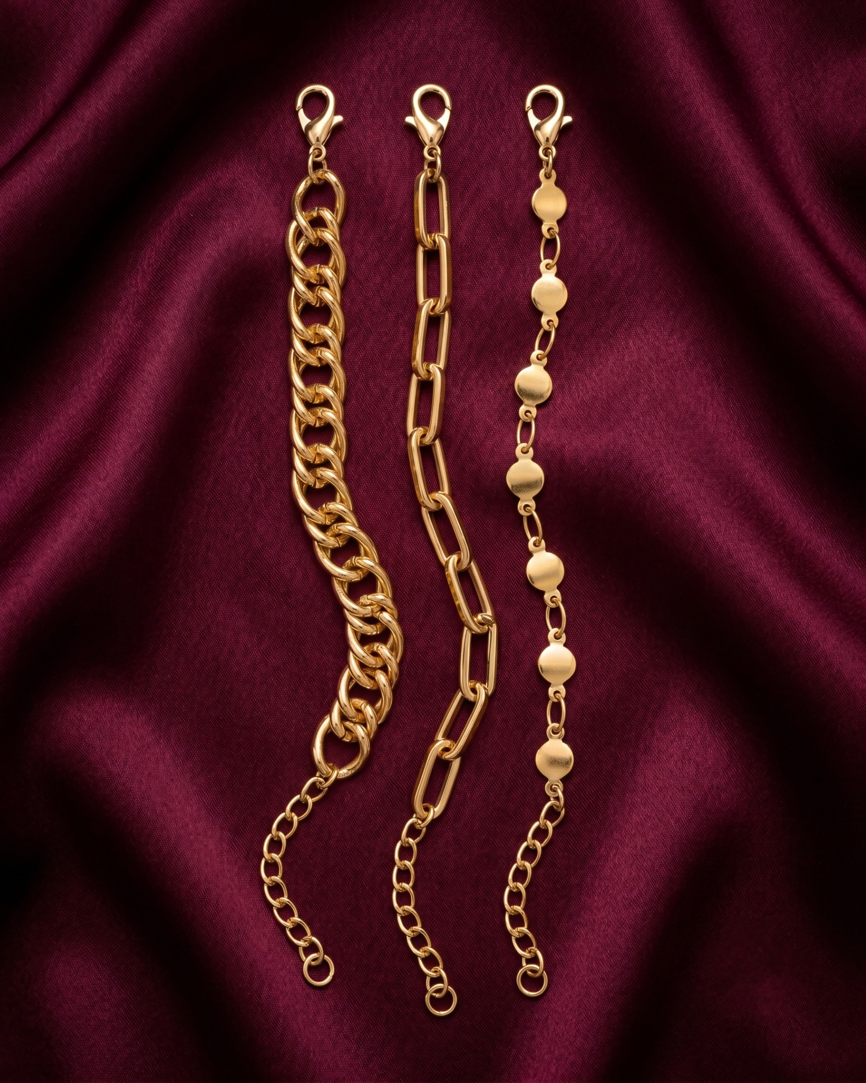 Gold plated chain bracelet stack for women. 3 piece layered link bracelets India. Lightweight office wear jewelry for working women. Paperclip and curb chain bracelet set alloy. Diwali and Rakhi jewelry gifts for wives. Gold tone festive wrist accessories for girls and friends.